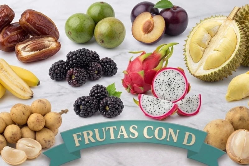 Variedad de frutas comenzando con la letra D en un mercado