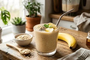 Batido cremoso de plátano y avena en vaso transparente