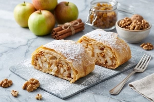 Delicioso strudel de manzana dorado y crujiente al horno