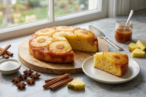 Tarta de piña al revés dorada y jugosa recién horneada